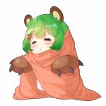  1girl animal_ear_fluff animal_ears animare bangs bear_ears bear_hair_ornament bear_paws blanket blush chibi eyes_closed gloves green_hair hair_ornament hairclip hinokuma_ran kokka_han open_mouth paw_gloves paws short_hair simple_background solo sweatdrop triangle_mouth virtual_youtuber white_background 