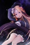  1girl abigail_williams_(fate/grand_order) anizi_(anizi9621) bangs bare_legs black_bow black_headwear blonde_hair blue_eyes blush bow commentary_request dark_background dot_nose dress eyebrows_visible_through_hair fate/grand_order fate_(series) hair_bow hat highres long_hair long_sleeves looking_at_viewer open_mouth orange_bow parted_bangs polka_dot polka_dot_bow sleeves_past_fingers sleeves_past_wrists solo striped striped_dress very_long_hair 