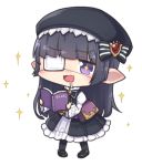  +_+ 1girl :d bangs beret black_hair black_legwear blunt_bangs blush book commentary_request dress drooling ear_blush eyebrows_visible_through_hair eyepatch frilled_dress frills full_body granblue_fantasy harvin hat holding holding_book long_hair long_sleeves lunalu_(granblue_fantasy) medical_eyepatch nogisaka_kushio nose_blush open_book open_mouth pigeon-toed pointy_ears purple_eyes reading simple_background smile solo sparkle wavy_mouth white_background wide_sleeves 