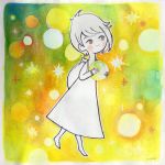  1girl arms_up blush closed_mouth dress full_body holding inktober inktober_2015 long_sleeves original short_hair smile solo sumehra walking white_skin 