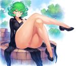  1girl black_dress black_footwear blue_sky breasts censored cloud curly_hair day dress green_eyes green_hair hair_between_eyes heart heart_censor high_heels highres legs_crossed looking_at_viewer medium_breasts mogudan no_panties one-punch_man outdoors pelvic_curtain pussy short_hair side_slit sitting sky solo tatsumaki thick_thighs thighs tree 