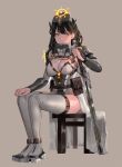  1girl belt black_hair boots breasts brown_hair cleavage highres holding ihobus long_hair original pouch sitting solo thigh_boots thigh_strap thighhighs yellow_eyes 