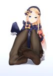  1girl abigail_williams_(fate/grand_order) absurdres bandaid_on_forehead bangs black_bow black_dress black_headwear black_legwear blonde_hair blue_eyes blush bow c.rabbit closed_mouth crossed_bandaids dress fate/grand_order fate_(series) feet forehead hair_bow highres holding holding_stuffed_animal legs long_hair long_sleeves looking_at_viewer orange_bow pantyhose parted_bangs polka_dot polka_dot_bow simple_background sitting sleeves_past_fingers sleeves_past_wrists soles solo stuffed_animal stuffed_toy teddy_bear thighband_pantyhose toes white_background white_bloomers 