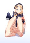  1girl abigail_williams_(fate/grand_order) absurdres bandaid_on_forehead bangs barefoot black_bow black_dress black_headwear blonde_hair blue_eyes blush bow c.rabbit closed_mouth crossed_bandaids dress fate/grand_order fate_(series) feet forehead hair_bow highres holding holding_stuffed_animal legs long_hair long_sleeves looking_at_viewer orange_bow parted_bangs polka_dot polka_dot_bow simple_background sitting sleeves_past_fingers sleeves_past_wrists soles solo stuffed_animal stuffed_toy teddy_bear toes white_background white_bloomers 