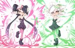  +_+ 2girls absurdres aori_(splatoon) arm_up bare_shoulders black_hair blush breasts cleavage detached_collar domino_mask dress earrings fang female full_body gloves gradient_hair green_footwear green_hair green_legwear grin hand_up happy highres hotaru_(splatoon) jewelry jpeg_artifacts leg_up long_hair looking_at_viewer mask mole mole_under_eye multicolored_hair multiple_girls object_on_head open_mouth orange_eyes pantyhose pink_hair pink_legwear pointy_ears purple_footwear purple_jumpsuit shiny shiny_hair shoes short_dress short_hair short_jumpsuit siblings simple_background sisters small_breasts smile sparkle splatoon_(series) splatter standing standing_on_one_leg strapless strapless_dress sukeo teeth tentacle tentacle_hair tied_hair twintails two-tone_hair very_long_hair white_background white_gloves white_hair 