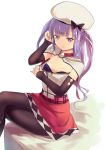  1girl ajax_(azur_lane) arm_up azur_lane bandeau bangs beret black_bow black_legwear blush bow capelet character_request commentary_request copyright_request culter detached_sleeves feet_out_of_frame hat hat_bow long_hair looking_at_viewer miniskirt pantyhose purple_eyes purple_hair red_skirt shadow sidelocks simple_background sitting skirt smile solo strapless thighs tubetop two_side_up white_background white_capelet white_headwear 