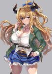  1girl bangs belt blonde_hair blue_eyes blue_ribbon blue_skirt blush breasts cleavage collarbone curvy draph dress_shirt fujitsubo_(hujitubo0731) granblue_fantasy green_jacket hair_between_eyes hair_twirling highres horns jacket jewelry large_breasts long_hair long_sleeves looking_at_viewer navel necklace open_mouth pointy_ears ponytail rastina ribbon school_uniform shirt simple_background skirt solo standing thick_thighs thighs very_long_hair 