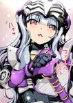  1girl blush cosplay helmet highres idolmaster idolmaster_(classic) inoue_sora kamen_rider kamen_rider_ouja kamen_rider_ouja_(cosplay) kamen_rider_ryuki_(series) long_hair open_mouth red_eyes shijou_takane silver_hair solo twitter_username 