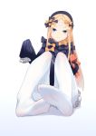  1girl abigail_williams_(fate/grand_order) absurdres bandaid_on_forehead bangs black_bow black_dress black_headwear blonde_hair blue_eyes blush bow c.rabbit closed_mouth crossed_bandaids dress fate/grand_order fate_(series) feet forehead hair_bow highres holding holding_stuffed_animal legs long_hair long_sleeves looking_at_viewer orange_bow pantyhose parted_bangs polka_dot polka_dot_bow simple_background sitting sleeves_past_fingers sleeves_past_wrists soles solo stuffed_animal stuffed_toy teddy_bear thighband_pantyhose toes white_background white_bloomers white_legwear 