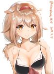  1girl 2019 adapted_costume alternate_hairstyle bangs bare_shoulders bikini black_bikini blush breasts brown_eyes brown_hair cleavage closed_mouth collarbone commentary_request dated eyebrows_visible_through_hair front-tie_bikini front-tie_top hair_between_eyes hair_flaps hair_tie hairband highres kantai_collection lipstick long_hair looking_at_viewer low_twintails makeup medium_breasts red_hairband remodel_(kantai_collection) shanghmely shiratsuyu_(kantai_collection) short_twintails simple_background smile solo swimsuit twintails twitter_username upper_body white_background 