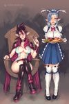  2girls animal_ears apple banana bbc-chan blonde_hair blush boots bow bowtie breasts breasts_apart cape center_opening choker dress elf food fruit full_body gloves grapes hair_over_one_eye half-closed_eyes highres large_breasts legs_crossed looking_at_viewer maid multiple_girls naughty_face nipples open_mouth original plate pointy_ears purple_eyes purple_hair saliva sitting smile standing thighhighs throne trembling vambraces vibrator white_legwear yellow_eyes 