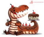  ambiguous_gender anthro beady_eyes black_eyes cake candy cherry chocolate crocodile crocodilian cryptid-creations food food_creature fork fruit humor open_mouth pun reptile scalie simple_background solo spoon visual_pun white_background 
