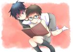  2boys ao_no_exorcist black_hair black_legwear book brothers brown_hair child glasses male_focus mole mole_under_eye multiple_boys okumura_rin okumura_yukio shorts siblings twins white_legwear zastuon0 