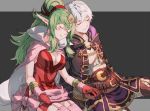  1boy 1girl belt breasts brown_gloves cape chiki cleavage closed_mouth commission eyes_closed fire_emblem fire_emblem:_kakusei gloves green_hair hood hood_down large_breasts long_hair long_sleeves male_my_unit_(fire_emblem:_kakusei) mamkute my_unit_(fire_emblem:_kakusei) nintendo pointy_ears ponytail red_gloves rheamii robe short_hair simple_background sitting sleeping smile tiara white_hair 