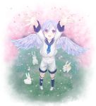  1boy :d angel_wings arms_up black_legwear blue_neckwear blue_sailor_collar blush bunny carry_me cherry_blossoms commentary_request daisy feathered_wings flower foreshortening from_above grass hair_between_eyes highres long_sleeves looking_at_viewer male_focus neckerchief open_mouth original petals purple_eyes sailor_collar shirt shorts silver_hair smile socks solo standing white_footwear white_shirt white_shorts wings yanagino_saho 