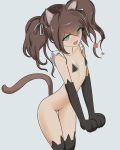  1girl animal_ears brown_hair cat_ears female green_eyes highres light_smile looking_at_viewer mimisan nude simple_background solo tail thigh_gap twintails 