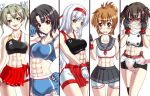  5girls abs bike_shorts black_gloves black_hair brown_hair fingerless_gloves folded_ponytail gloves green_eyes green_hair hairband headband inazuma_(kantai_collection) kantai_collection long_hair midriff miniskirt mixed_martial_arts multiple_girls muneate muscle muscular_female navel red_eyes rigid rigidsteed sendai_(kantai_collection) short_hair shorts shoukaku_(kantai_collection) skirt sports_bra takao_(kantai_collection) toned twintails zuikaku_(kantai_collection) 