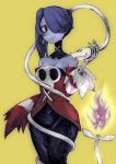  1girl absurdres bare_shoulders blue_skin breasts cleavage detached_collar detached_sleeves dress female hair_over_one_eye highres hip_focus leviathan_(skullgirls) monster_girl red_eyes side_ponytail skullgirls squigly_(skullgirls) stitched_mouth stitches striped striped_sleeves wide_hips zombie 