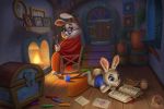  2019 anthro blue_eyes book brown_eyes clothed clothing conditional_dnp delkon detailed_background digital_media_(artwork) duo female fire hi_res lagomorph lying mammal on_front rabbit reading sitting smile 