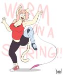  anthro belly big_breasts bra breasts capri cleavage clothed clothing dancing dialogue doxxyl felid feline fur hair happy hi_res humor leggins mammal open_mouth pink_hair prosthetic prosthetic_leg red_eyes shirt simple_background slightly_chubby tank_top thick_thighs toy underwear worm 