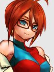  1girl ahoge alternate_hairstyle android_21 bare_shoulders black-framed_eyewear blue_eyes breasts brown_hair checkered checkered_dress closed_mouth collarbone commentary_request dragon_ball dragon_ball_fighterz dress earrings glasses grey_background hoop_earrings jewelry labcoat looking_at_viewer medium_breasts off_shoulder short_hair sleeveless sleeveless_dress smile solo st62svnexilf2p9 two-tone_dress white_coat 
