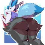  &lt;3 &lt;3_eyes 2019 absurd_res anthro big_butt blue_eyes blue_fur blush braixen butt clothed clothing digital_media_(artwork) fur hair hi_res huge_butt inner_ear_fluff long_tail looking_at_viewer looking_back looking_down male multicolored_tail needle nintendo pok&eacute;mon pok&eacute;mon_(species) presenting presenting_hindquarters scissors simple_background smile solo standing tailor thick_thighs trinity-fate62 tuft vest video_games wide_hips 