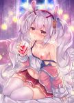  1girl azur_lane bare_shoulders blush breasts bunny_hair_ornament cameltoe camisole chestnut_mouth collarbone commentary_request cup curtains drink drinking_glass fur_trim hair_ornament hairband holding holding_cup indoors jacket laffey_(azur_lane) long_hair long_sleeves looking_at_viewer midriff miniskirt navel nipples no_bra nose_blush off_shoulder open_clothes open_jacket panties parted_lips pink_jacket pleated_skirt red_skirt shirt silver_hair sitting skirt sleeves_past_wrists small_breasts solo star strap_slip suzunone_rena sweat thigh_gap thighhighs twintails underwear very_long_hair white_legwear white_panties white_shirt window yellow_eyes 