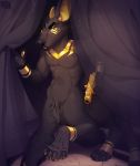  2019 4_toes 5_fingers black_fur black_nose fur gun holding_object holding_weapon kyander male ranged_weapon solo taur toes weapon yellow_eyes 