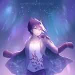  1boy beard collarbone commentary_request danganronpa dated eyebrows_visible_through_hair facial_hair goatee hair_between_eyes happy_birthday holding holding_jacket jacket looking_to_the_side male_focus medium_hair momota_kaito new_danganronpa_v3 pants purple_eyes purple_hair shirt smile spiked_hair tokilos upper_body white_shirt 