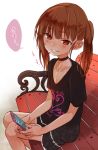  1girl bench borrowed_character brown_eyes brown_hair cellphone choker clothes_writing female flat_chest grin haguhagu_(rinjuu_circus) looking_at_viewer naughty_face original pedophile phone renga_(yakihebi) shirt sitting skirt smartphone smile smug solo t-shirt twintails 