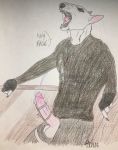  anthro balls bull_terrier canid canine canis clothed clothing cum domestic_dog erection excited hi_res humanoid_penis hunting_dog jenklinbullterrier_(artist) male mammal masturbation orgasm penis pink_penis solo terrier traditional_media_(artwork) 