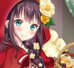  1girl aqua_eyes bico_(bicoris) blush braid braided_ponytail brown_hair cape capelet flower hair_flower hair_ornament hair_over_shoulder highres hood hood_up hooded_capelet kurosawa_dia long_hair looking_at_viewer love_live! love_live!_sunshine!! neck_ribbon portrait red_cape ribbon single_braid smile solo striped striped_ribbon yellow_flower yellow_pillow 