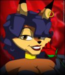  2018 anthro big_tail blue_hair brown_eyes canid canine carmelita_fox clothed clothing eyelashes female flower fox fur gloves hair lipstick makeup mammal orange_fur piercing plant rose_(disambiguation) simple_background sly_cooper_(series) solo sony_corporation sony_interactive_entertainment sucker_punch_productions tagme verona7881 video_games 