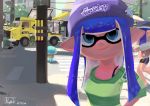  2019 2girls beanie bike_shorts blue_eyes blue_hair closed_mouth dated domino_mask food_truck green_shirt ground_vehicle hat highres inkling jellyfish_(splatoon) leg_up long_hair long_sleeves looking_at_viewer mask motor_vehicle multiple_girls outdoors pointy_ears power_lines purple_headwear ryuji_(red-truth) shirt single_vertical_stripe sleeves_past_elbows smile solo_focus splatoon splatoon_(series) splatoon_2 striped striped_shirt tentacle_hair traffic_light truck 