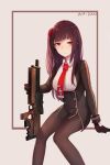  1girl anizi_(anizi9621) bangs black_gloves black_hair black_legwear breasts bullpup character_name closed_mouth commentary girls_frontline gloves gun hair_ribbon highres large_breasts long_hair long_sleeves looking_at_viewer necktie one_side_up pantyhose red_eyes red_neckwear ribbon rifle shirt simple_background sniper_rifle solo wa2000_(girls_frontline) walther walther_wa_2000 weapon white_background 