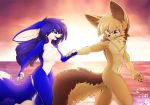  2019 5_fingers anthro blue_eyes blue_fur blue_hair breasts canid canine detailed_background digital_media_(artwork) duo featureless_breasts female fennec fox fur hair magenta7 male mammal navel nude smile 