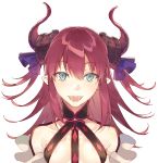  1girl :d bangs blue_ribbon blush breasts curled_horns dragon_horns elizabeth_bathory_(fate) elizabeth_bathory_(fate)_(all) eyebrows_visible_through_hair fangs fate/extra fate/extra_ccc fate_(series) green_eyes hair_between_eyes hair_ribbon horns long_hair open_mouth pig_ggul red_hair ribbon simple_background small_breasts smile solo two_side_up upper_body white_background 
