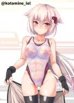  1girl abs areolae azur_lane bangs bare_shoulders black_gloves black_legwear blush breasts cameltoe character_name closed_mouth collarbone commentary_request covered_navel erect_nipples eyebrows_visible_through_hair fingerless_gloves fingernails floating_hair gloves gluteal_fold groin hair_between_eyes hair_ornament highleg highleg_swimsuit long_hair looking_at_viewer medium_breasts montpelier_(azur_lane) nipples one-piece_swimsuit red_eyes see-through shiny shiny_skin silver_hair solo standing stomach swimsuit thigh_gap thighhighs tomineko_(tomineko_p) toned twitter_username very_long_hair white_swimsuit yellow_eyes 