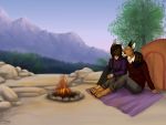 4:3 anthro camp campfire camping caracal caracal_(genus) clothed clothing domestic_cat dusk felid feline felis female fully_clothed gaikotsu green_eyes hand_on_shoulder male mammal mountain outside romantic tail_on_shoulder tent tree yellow_eyes 