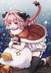  2boys :d astolfo_(fate) bell bird black_bow black_gloves black_legwear blush bow braid brown_footwear commentary_request dot_nose eyebrows_visible_through_hair fate/apocrypha fate_(series) fur_collar gloves hair_bow hair_intakes highres kakan_(amka) kneeling long_braid long_hair male_focus multicolored_hair multiple_boys open_mouth pink_hair purple_eyes santa_costume shoes sieg_(fate/apocrypha) single_braid skin_fang smile streaked_hair sweatdrop trap yellow_eyes 