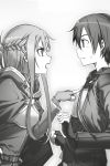  1boy 1girl abec asuna_(sao) braid breastplate crown_braid eye_contact fingerless_gloves from_side gloves greyscale hand_on_hip highres index_finger_raised kirito long_hair looking_at_another monochrome novel_illustration official_art open_mouth sidelocks sweatdrop sword_art_online 
