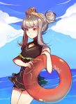  1girl absurdres fire_emblem fire_emblem_heroes grey_hair highres holding lazymimium long_hair nintendo one-piece_swimsuit red_eyes simple_background solo swimsuit tied_hair veronica_(fire_emblem) water white_background 