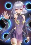  1girl arisku armpits bangs bare_shoulders breasts detached_sleeves dress earrings eyebrows_visible_through_hair fate/grand_order fate_(series) frown hair_between_eyes hair_ornament hair_ribbon highres jewelry kama_(fate/grand_order) looking_at_viewer magic purple_dress red_eyes red_ribbon ribbon ring see-through short_hair silver_hair small_breasts solo thighhighs 