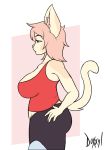 annoyed anthro belly big_breasts big_butt bra breasts butt capri clothing doxxyl felid feline fur hair hands_on_hip invalid_tag mammal pink_hair prosthetic prosthetic_leg red_eyes shirt side_boob side_view simple_background slightly_chubby tank_top thick_thighs underwear voluptuous 