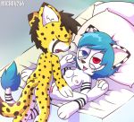  bed black_stripes blue_hair breasts brown_hair brown_spots digital_media_(artwork) duo felid feline female fur hair heterochromia lying male male/female mammal mocho4266 nipples on_back open_mouth penetration penis sex spots stripes vaginal vaginal_penetration white_fur yellow_fur 