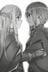  2girls abec asuna_(sao) braid cape crown_braid earrings eye_contact fingerless_gloves from_side gloves greyscale highres jewelry kizmel long_hair looking_at_another monochrome multiple_girls novel_illustration official_art parted_lips pointy_ears sidelocks simple_background standing sword_art_online very_long_hair white_background 