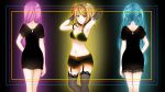  3girls armpits black_bra black_dress black_gloves black_legwear black_shorts blonde_hair blue_eyes blue_hair bra breasts cleavage dress elbow_gloves garter_straps gloves hatsune_miku highres kagamine_rin long_hair looking_at_viewer medium_breasts megurine_luka multiple_girls navel pink_hair ponta_(poqpon) short_dress short_hair short_shorts short_sleeves shorts standing thighhighs twintails underwear very_long_hair vocaloid 