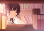  1girl bangs blurry blurry_background blurry_foreground blush book bookshelf brown_hair closed_mouth commentary_request depth_of_field head_tilt highres library light_particles long_hair looking_at_viewer looking_to_the_side original purple_eyes sailor_collar school_uniform serafuku shigure_ui sidelocks solo upper_body white_sailor_collar 