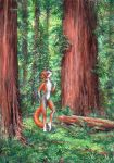  absurd_res anthro blue_eyes canid canine day detailed_background elkir forest fox fur grass hair hi_res mammal orange_fur orange_hair outside smile solo standing tree white_fur 