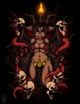  2019 abs abstract_background anthro baphomet_(species) black_background black_hair blood bovid breasts buckteeth caprine caprine_demon cleavage clothed clothing demon ear_piercing feathered_wings feathers female fire grin hair horn loincloth long_tongue looking_at_viewer mammal piercing red_eyes robe simple_background skimpy skull smile smoking solo spikes teeth tentacles tongue tongue_piercing under_boob undressing wings zombieray10 